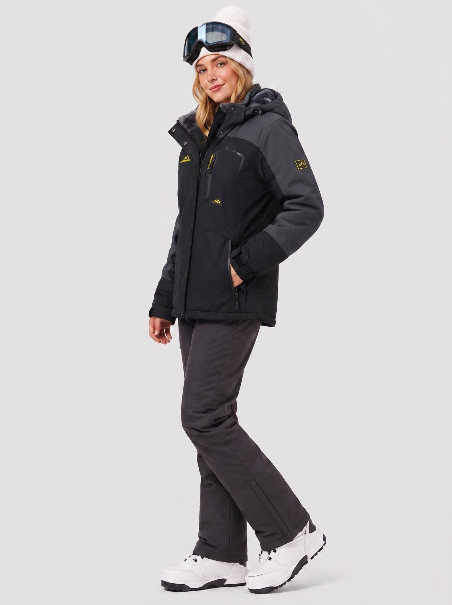 YUCOLEN Women's Waterproof Ski Jacket Fleece Lined Insulated Snow Coat with Detachable Hood in Black Grey