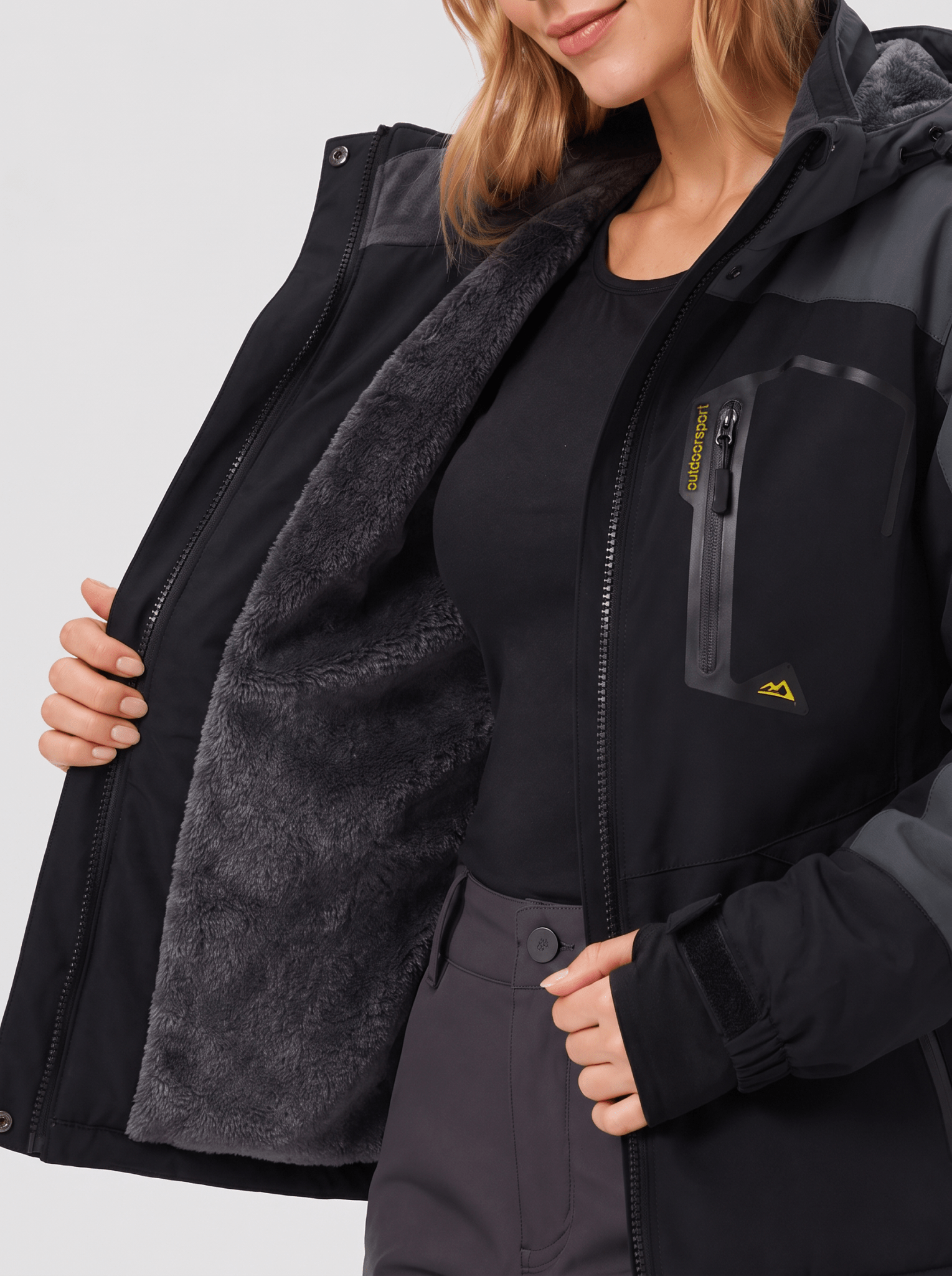 YUCOLEN Women's Waterproof Ski Jacket Fleece Lined Insulated Snow Coat with Detachable Hood in Black Grey