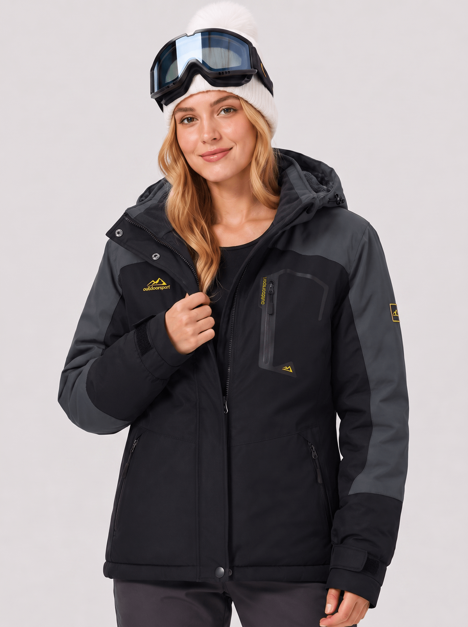 YUCOLEN Women's Waterproof Ski Jacket Fleece Lined Insulated Snow Coat with Detachable Hood in Black Grey
