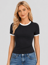 YUCOLEN Women Slim Fit Color Block Crop Top - High Stretch Athletic Shirt in Black
