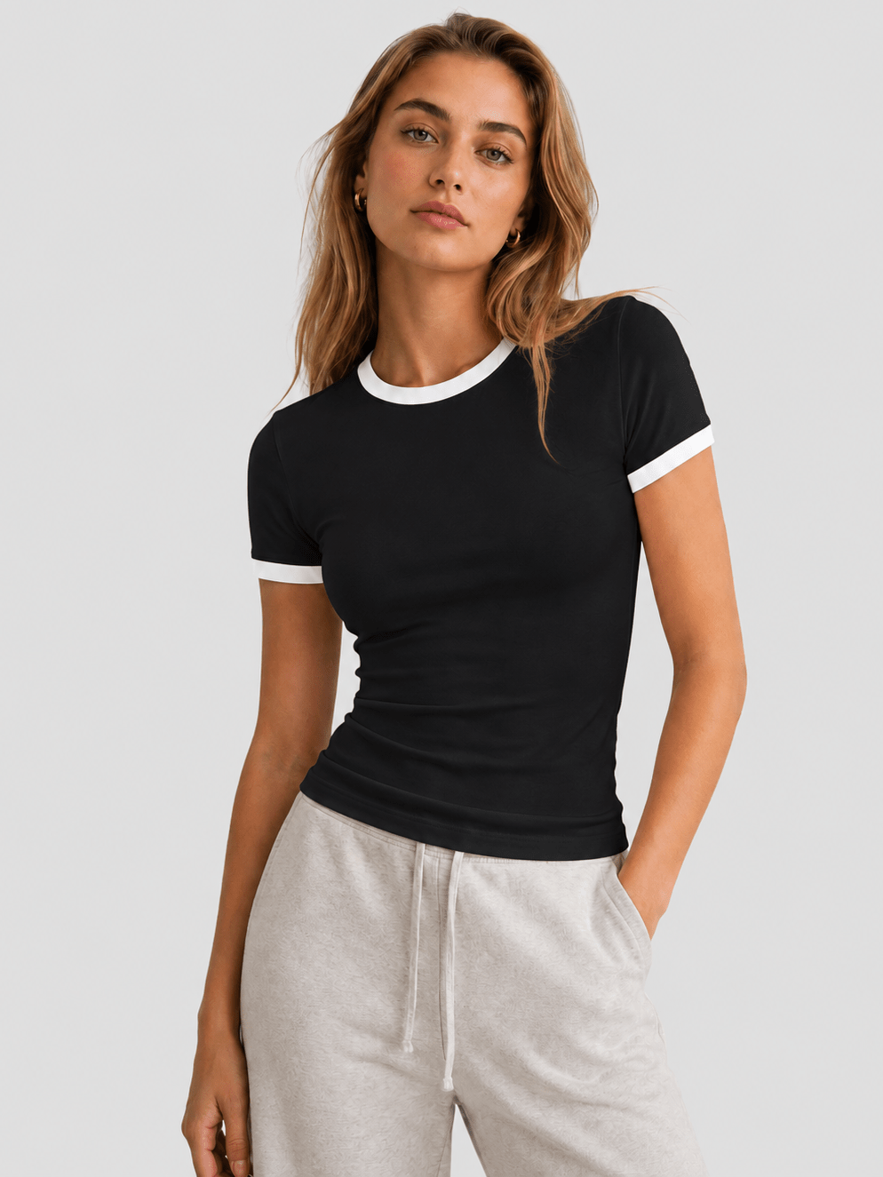 YUCOLEN Women Slim Fit Color Block Crop Top - High Stretch Athletic Shirt in Black