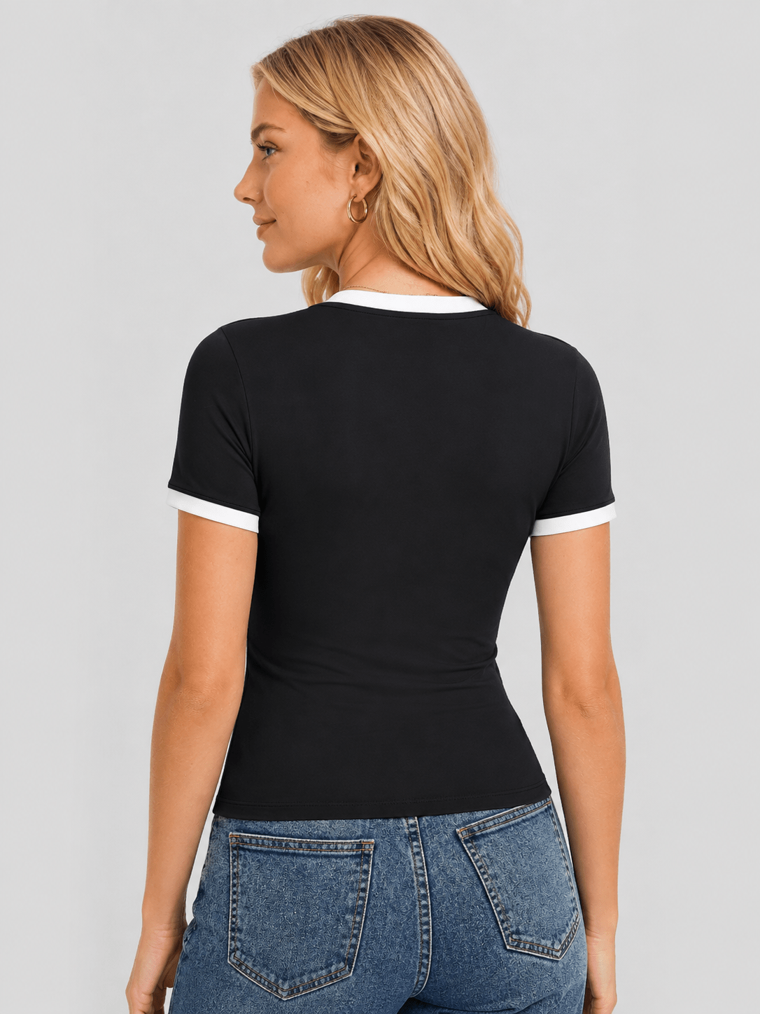 YUCOLEN Women Slim Fit Color Block Crop Top - High Stretch Athletic Shirt in Black