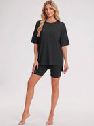 YUCOLEN Women's 2 Piece Oversized Lounge Set Matching Shorts and Tee Summer Casual Travel Athleisure Outfit in Black