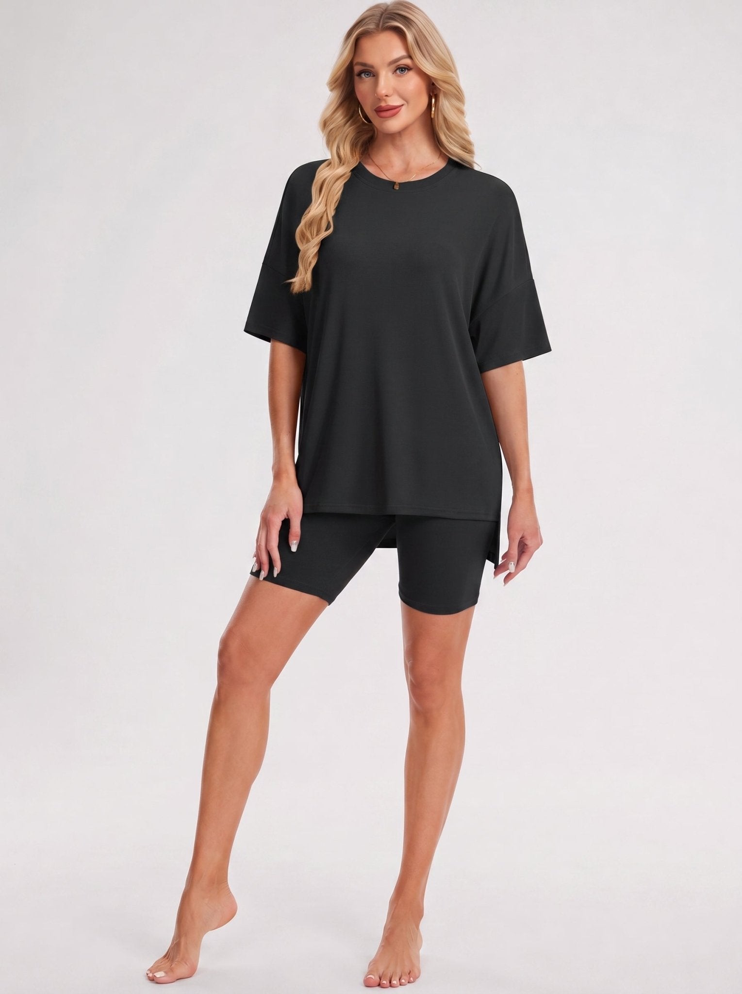 YUCOLEN Women's 2 Piece Oversized Lounge Set Matching Shorts and Tee Summer Casual Travel Athleisure Outfit in Black