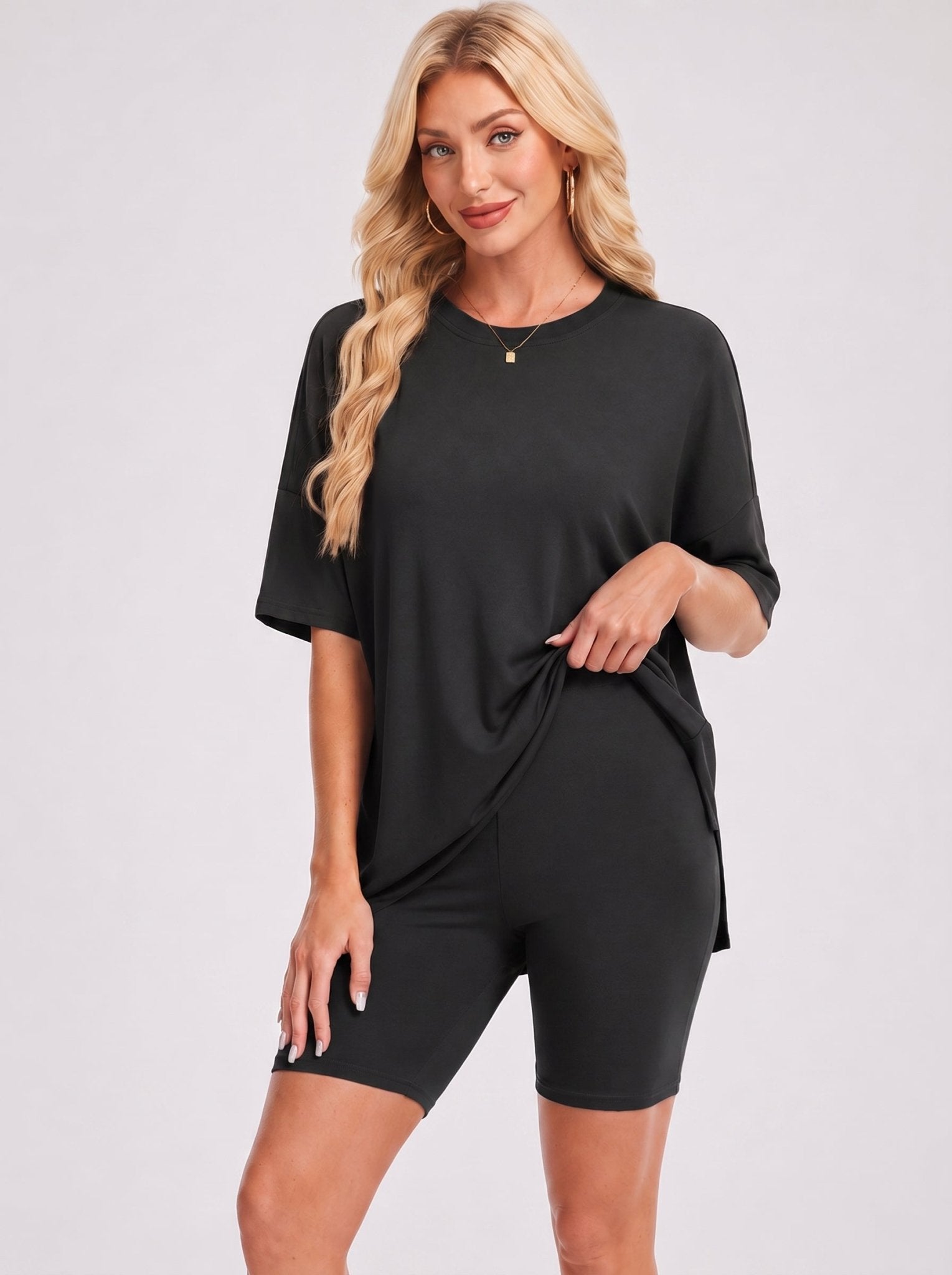 YUCOLEN Women's 2 Piece Oversized Lounge Set Matching Shorts and Tee Summer Casual Travel Athleisure Outfit in Black