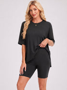 YUCOLEN Women's 2 Piece Oversized Lounge Set Matching Shorts and Tee Summer Casual Travel Athleisure Outfit in Black