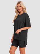 YUCOLEN Women's 2 Piece Oversized Lounge Set Matching Shorts and Tee Summer Casual Travel Athleisure Outfit in Black