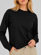 YUCOLEN Women's Breathable Cotton Blend Long Sleeve Crewneck Cropped Top in Black