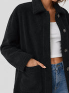 YUCOLEN Women‘s Button Down Fleece Jacket Soft Fuzzy Lapel Collar Coat with Pockets in Black