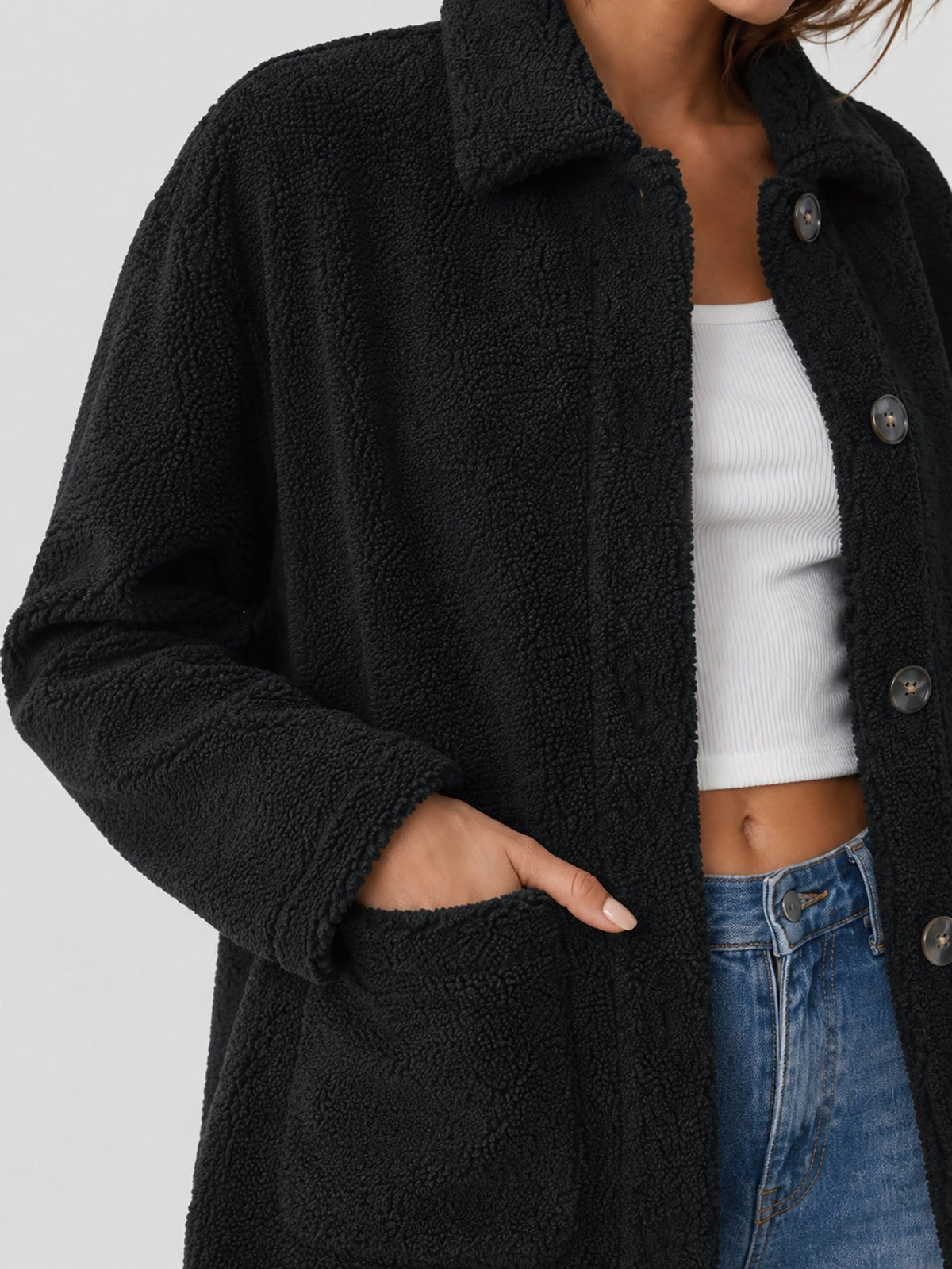 YUCOLEN Women‘s Button Down Fleece Jacket Soft Fuzzy Lapel Collar Coat with Pockets in Black