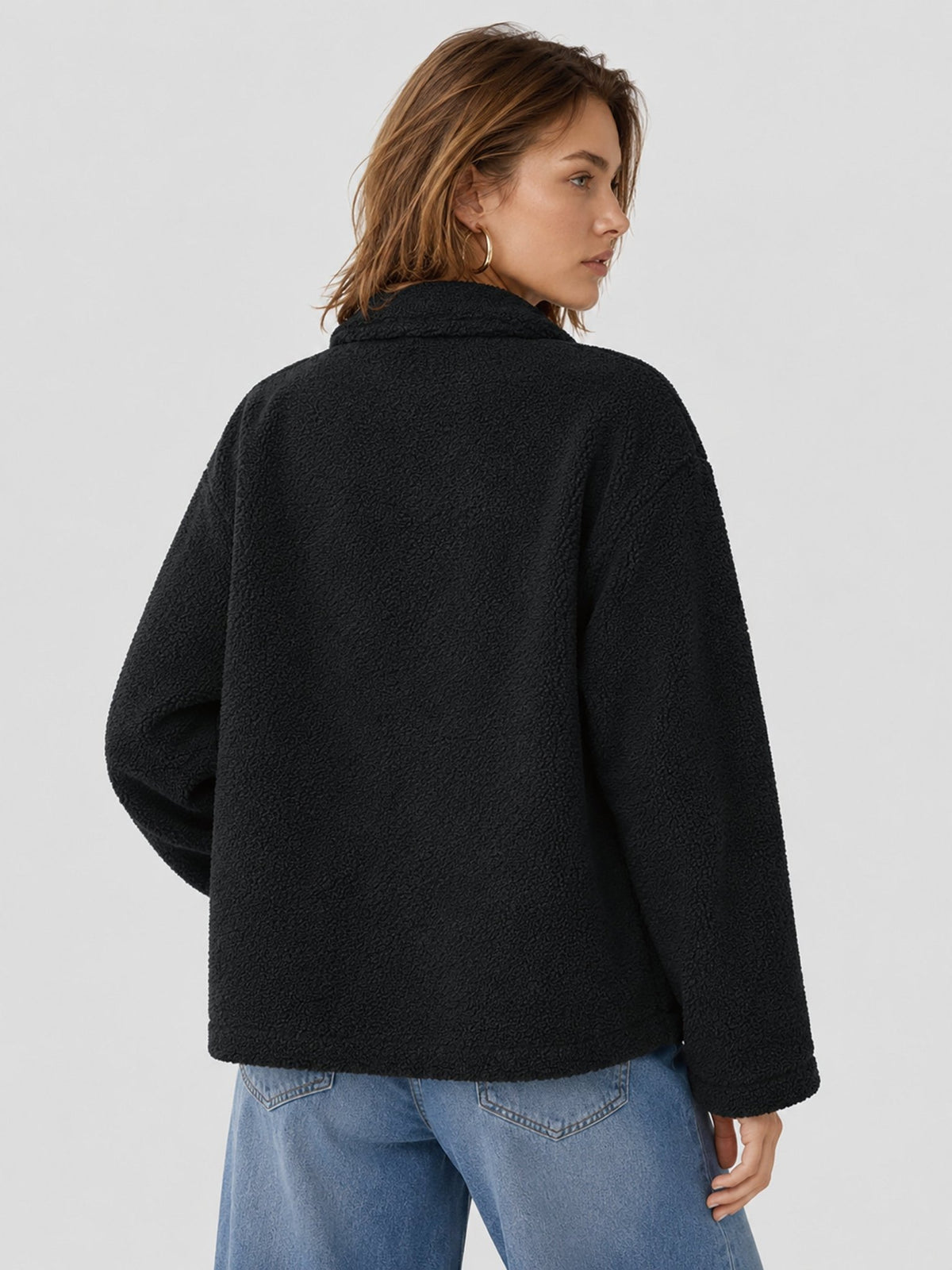 YUCOLEN Women‘s Button Down Fleece Jacket Soft Fuzzy Lapel Collar Coat with Pockets in Black