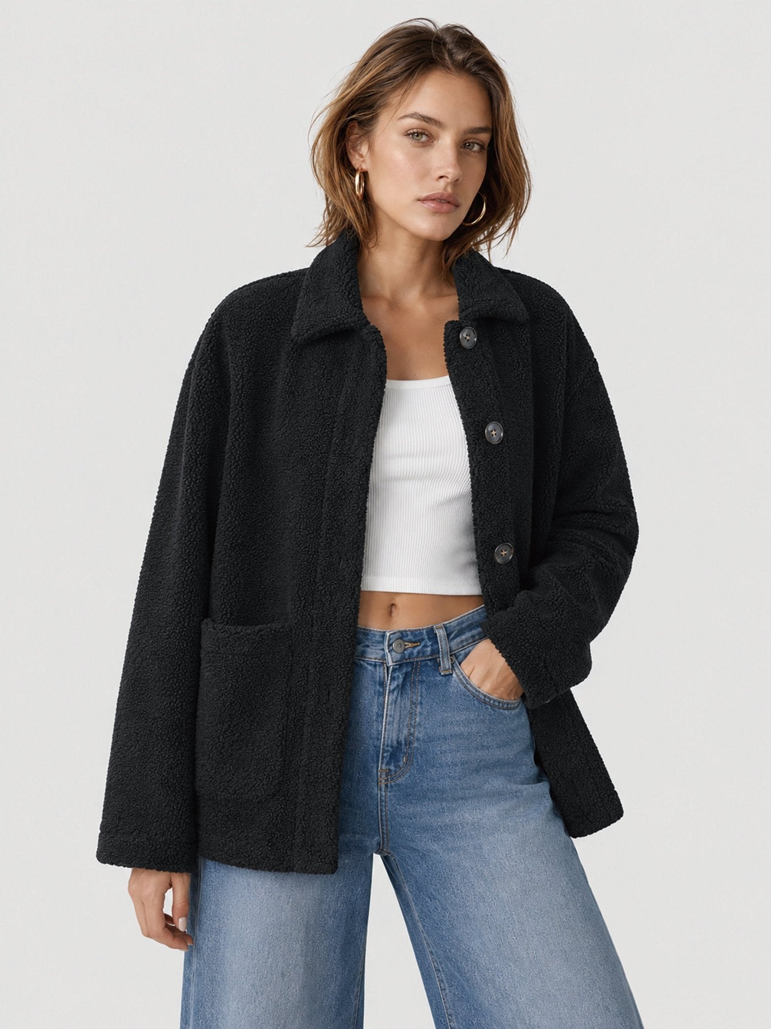 YUCOLEN Women‘s Button Down Fleece Jacket Soft Fuzzy Lapel Collar Coat with Pockets in Black