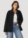 YUCOLEN Women‘s Button Down Fleece Jacket Soft Fuzzy Lapel Collar Coat with Pockets in Black