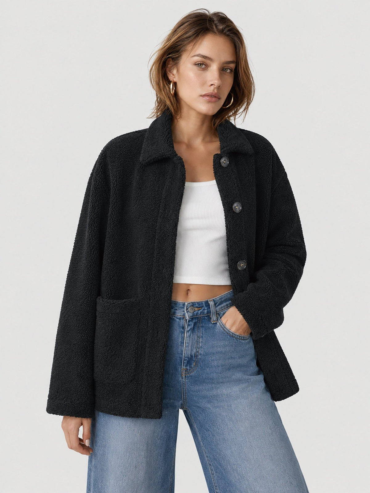 YUCOLEN Women‘s Button Down Fleece Jacket Soft Fuzzy Lapel Collar Coat with Pockets in Black