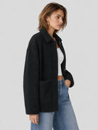 YUCOLEN Women‘s Button Down Fleece Jacket Soft Fuzzy Lapel Collar Coat with Pockets in Black