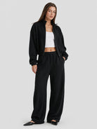 YUCOLEN Women's Cropped Fleece Jacket Full Zip Lightweight Workout Coat in Black