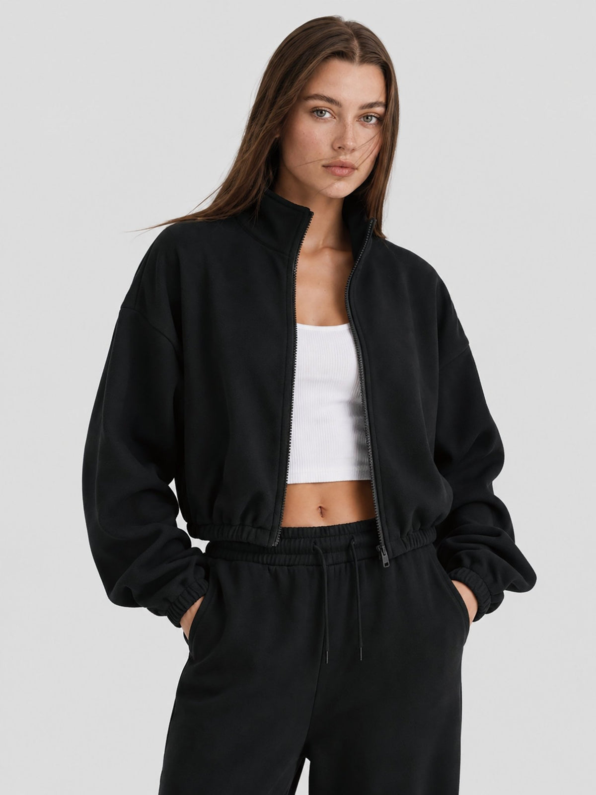 YUCOLEN Women's Cropped Fleece Jacket Full Zip Lightweight Workout Coat in Black