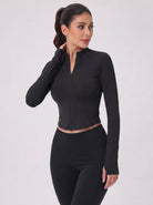 YUCOLEN Women's Cropped Full-Zip Athletic Jacket Slim Fit Workout Top with Thumbholes in Black