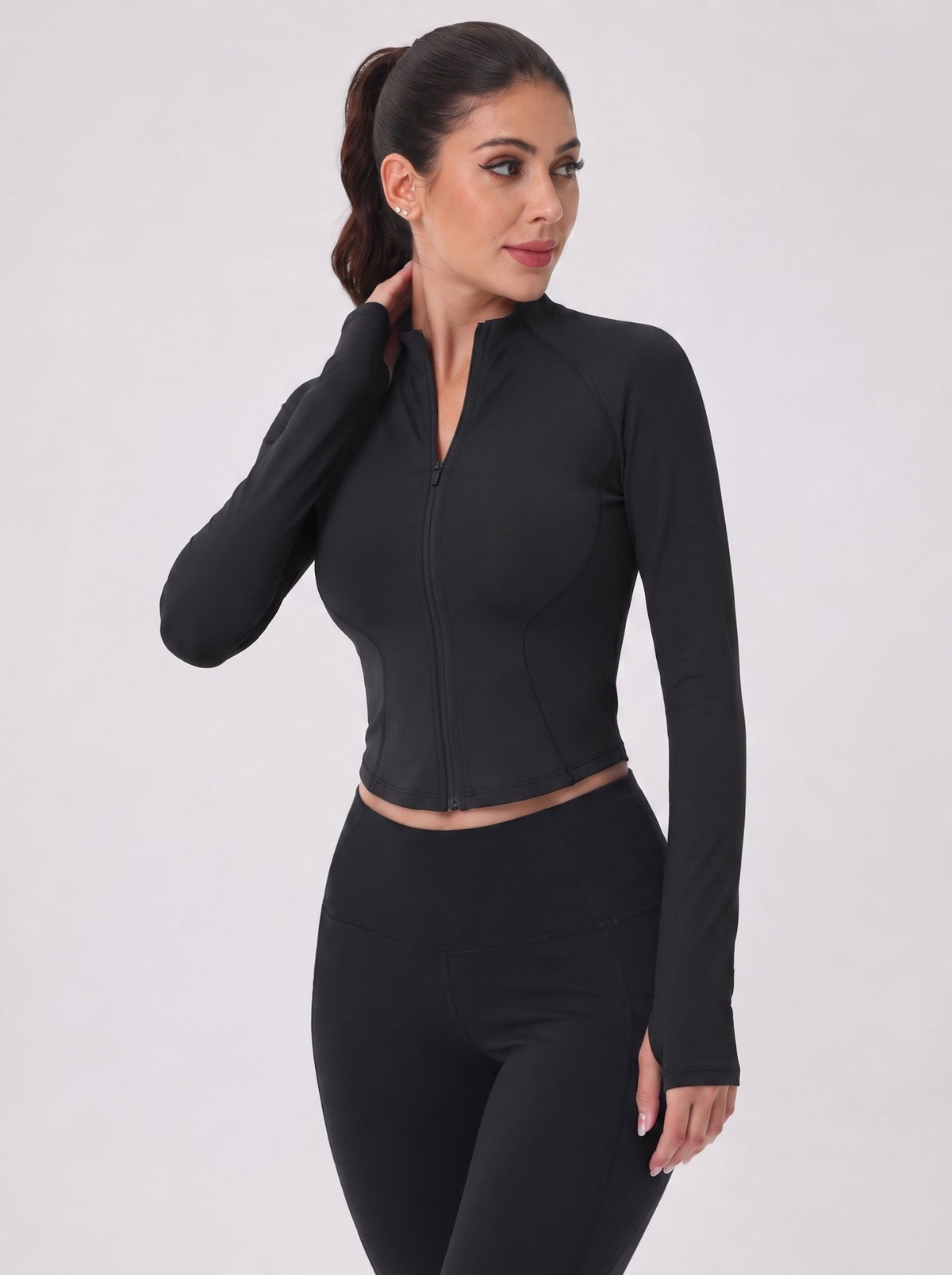 YUCOLEN Women's Cropped Full-Zip Athletic Jacket Slim Fit Workout Top with Thumbholes in Black