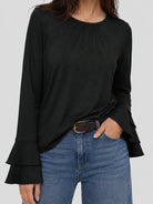 YUCOLEN Women's Double Ruffle Bell Sleeve Dressy Casual Tunic Blouse in Black