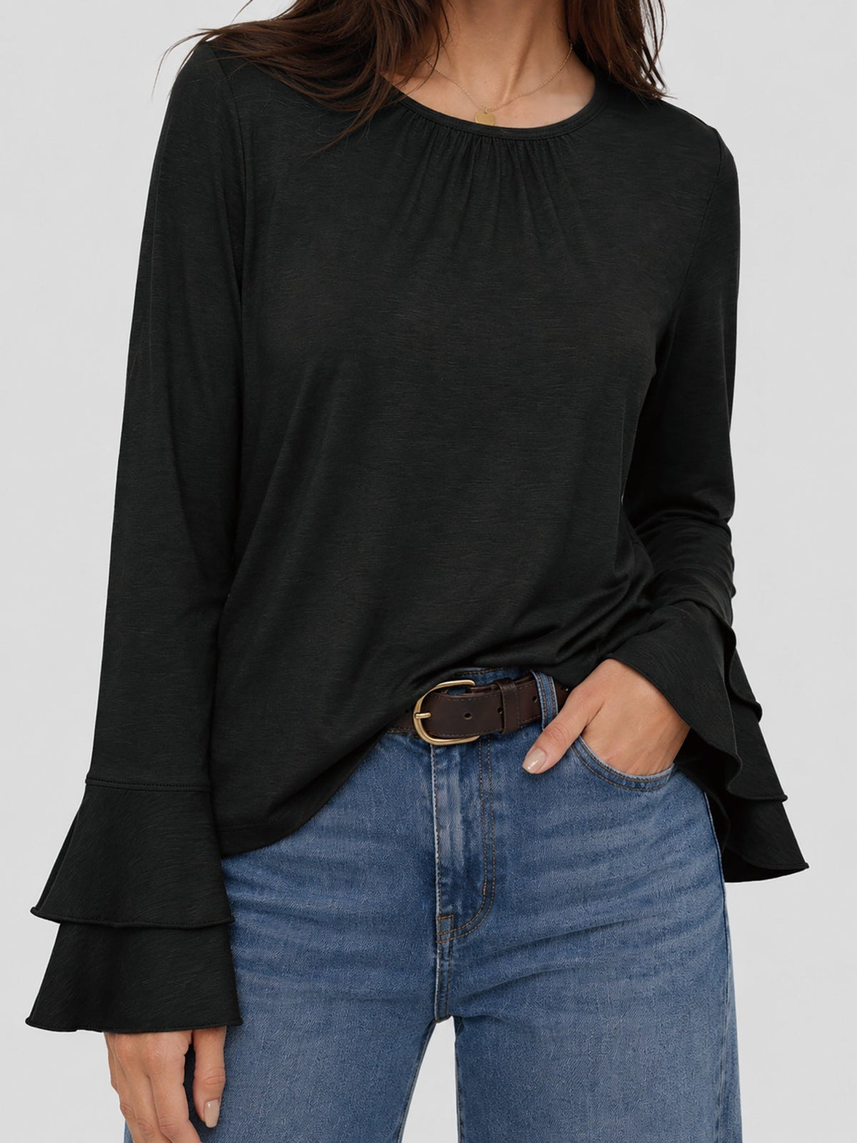 YUCOLEN Women's Double Ruffle Bell Sleeve Dressy Casual Tunic Blouse in Black