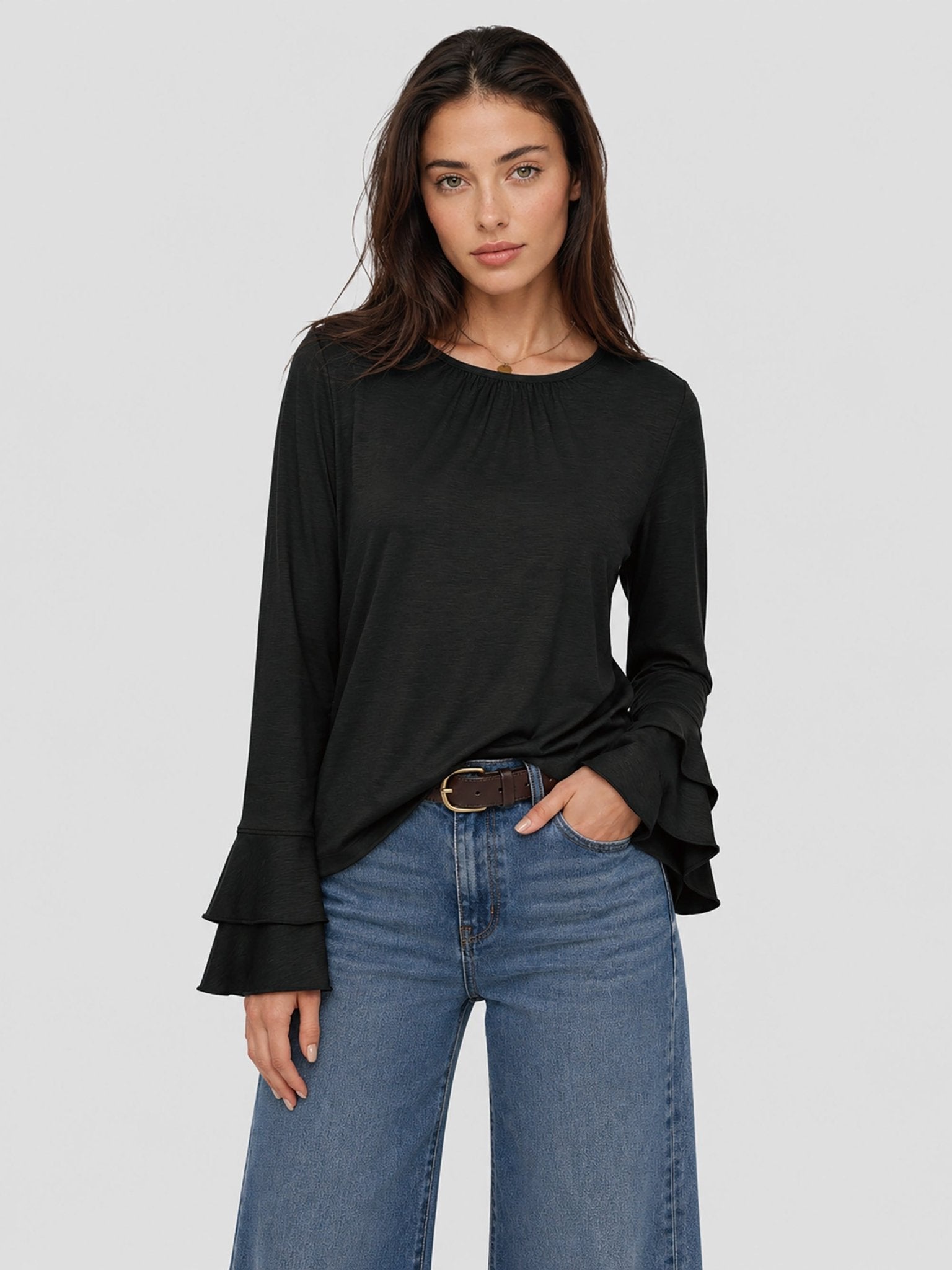 YUCOLEN Women's Double Ruffle Bell Sleeve Dressy Casual Tunic Blouse in Black