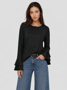 YUCOLEN Women's Double Ruffle Bell Sleeve Dressy Casual Tunic Blouse in Black