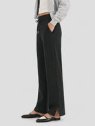YUCOLEN Women's Fleece Lined Wide Leg Sweatpants Thermal Cotton Lounge Pants with Side Slits in Black