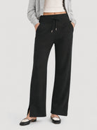 YUCOLEN Women's Fleece Lined Wide Leg Sweatpants Thermal Cotton Lounge Pants with Side Slits in Black