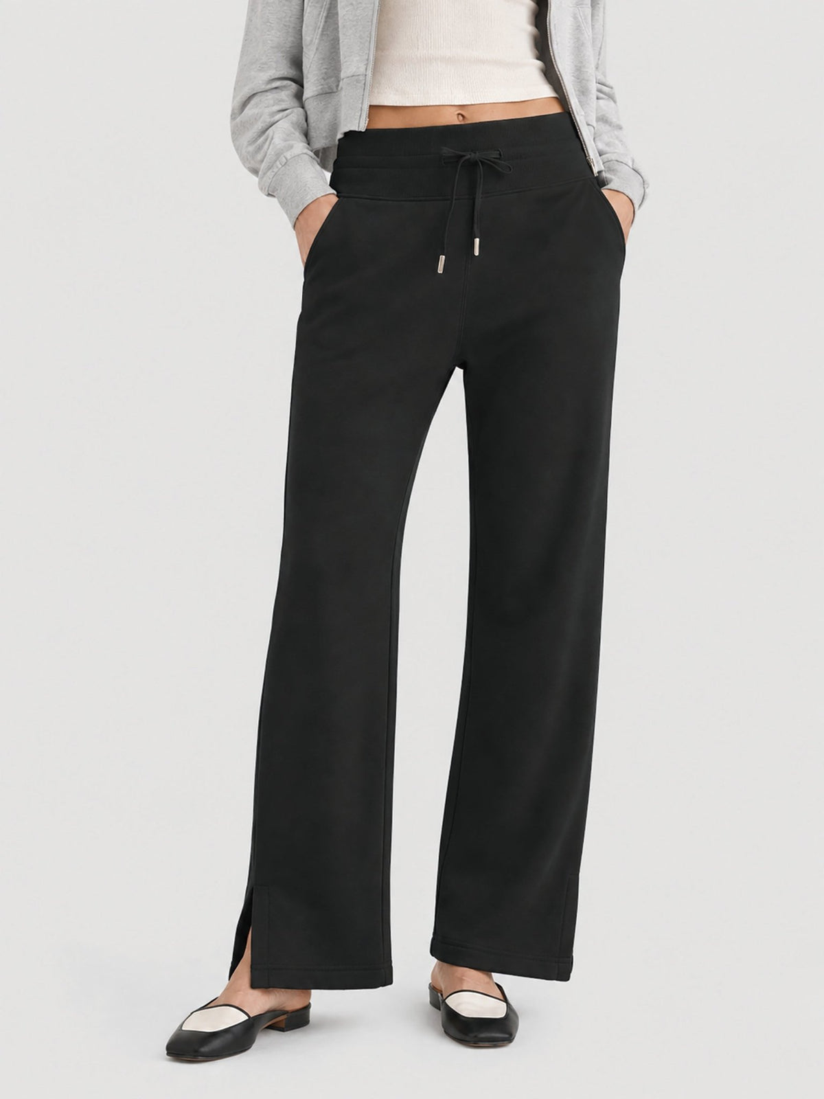 YUCOLEN Women's Fleece Lined Wide Leg Sweatpants Thermal Cotton Lounge Pants with Side Slits in Black