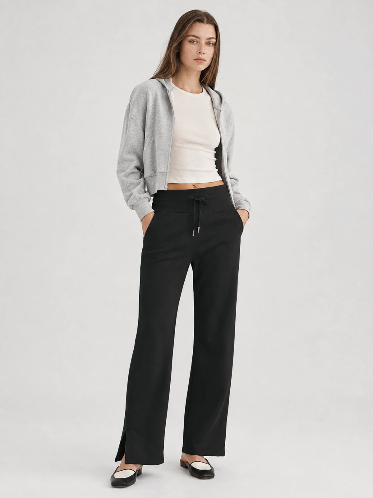 YUCOLEN Women's Fleece Lined Wide Leg Sweatpants Thermal Cotton Lounge Pants with Side Slits in Black
