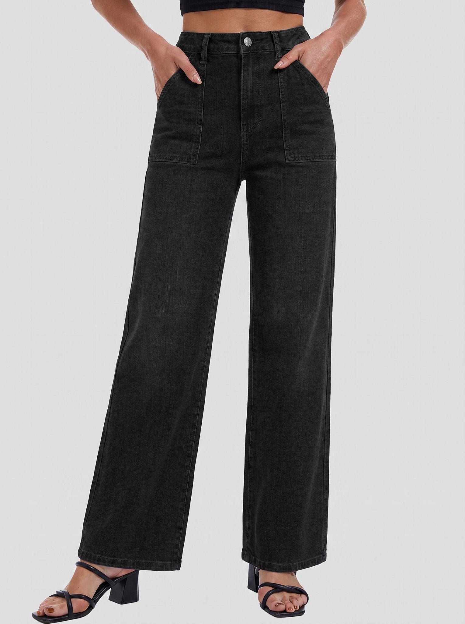 YUCOLEN Women's High Waisted Straight Leg Stretchy Denim Jeans with Pockets in Black