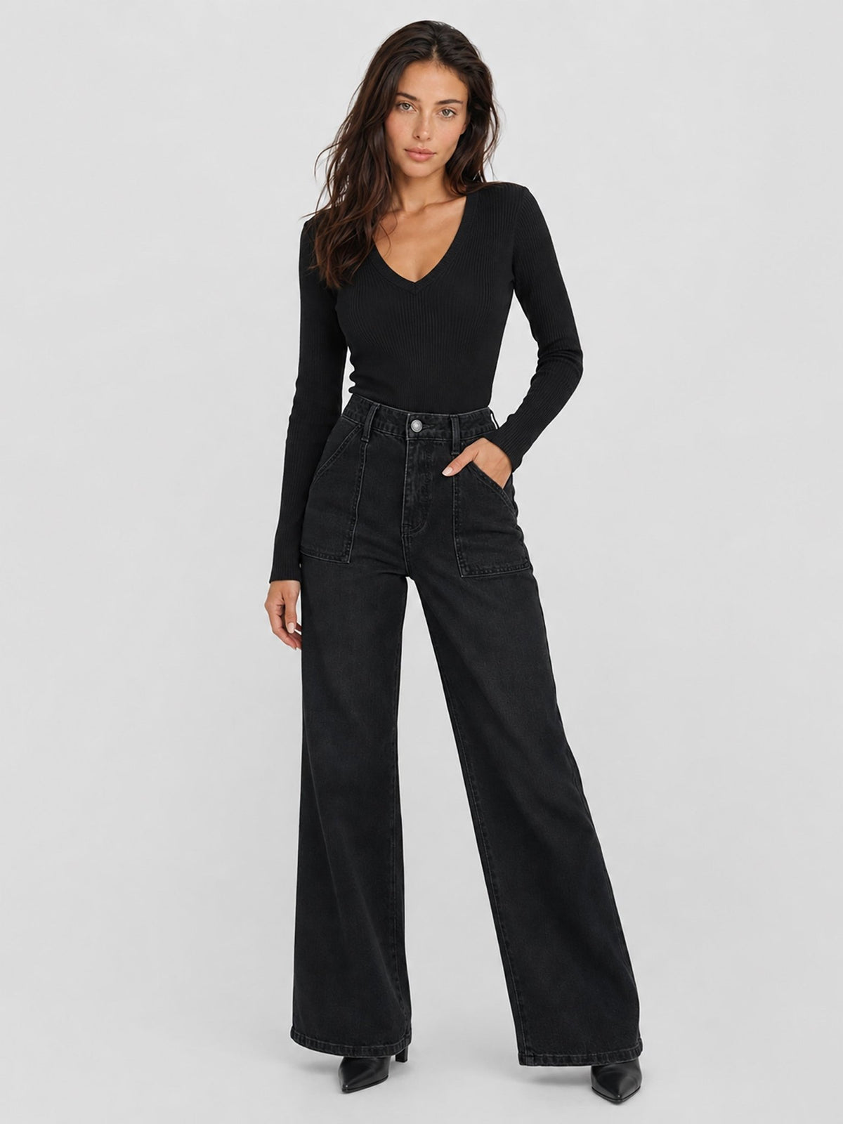 YUCOLEN Women's High Waisted Straight Leg Stretchy Denim Jeans with Pockets in Black