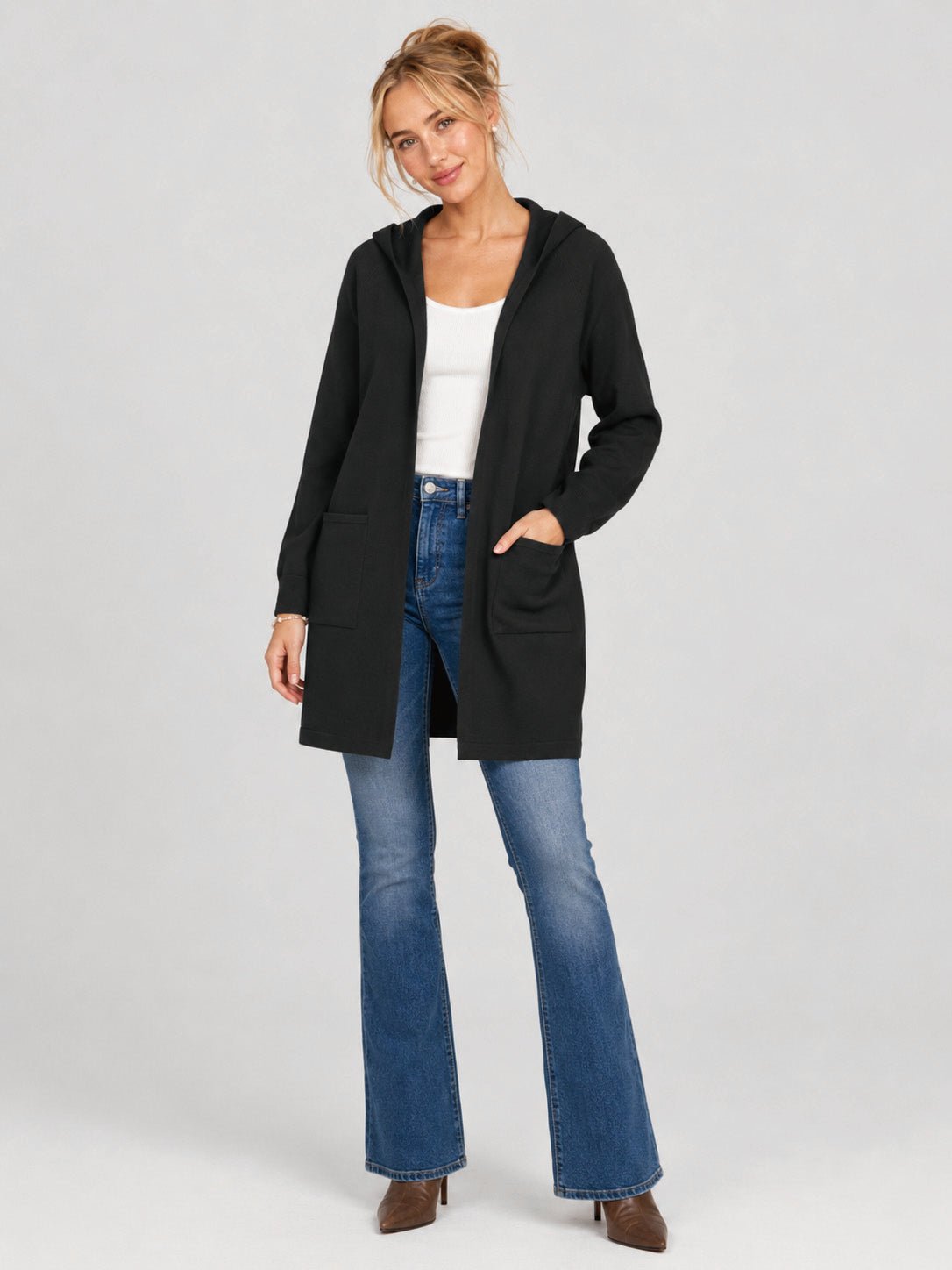 YUCOLEN Women's Hooded Open Front Cardigan Soft Knit Mid-Thigh Coatigan with Pockets in Black