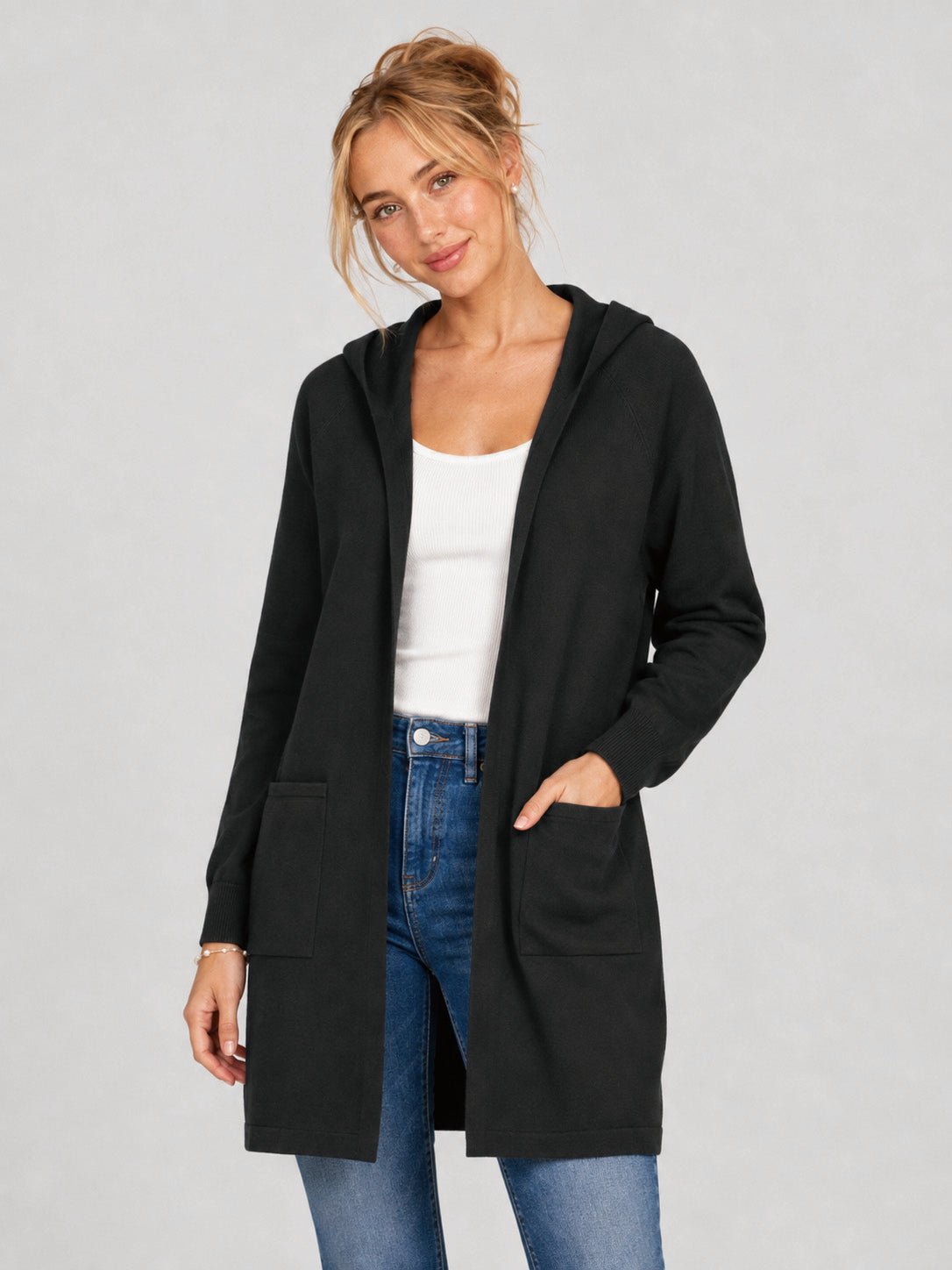 YUCOLEN Women's Hooded Open Front Cardigan Soft Knit Mid-Thigh Coatigan with Pockets in Black