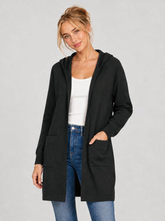 YUCOLEN Women's Hooded Open Front Cardigan Soft Knit Mid-Thigh Coatigan with Pockets in Black