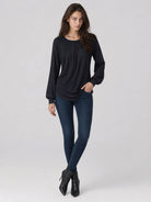 YUCOLEN Women's Lantern Sleeve Pleated Blouse Soft Cotton Rayon Dressy Casual Top in Black