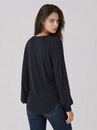 YUCOLEN Women's Lantern Sleeve Pleated Blouse Soft Cotton Rayon Dressy Casual Top in Black