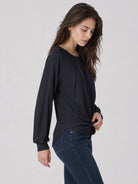 YUCOLEN Women's Lantern Sleeve Pleated Blouse Soft Cotton Rayon Dressy Casual Top in Black