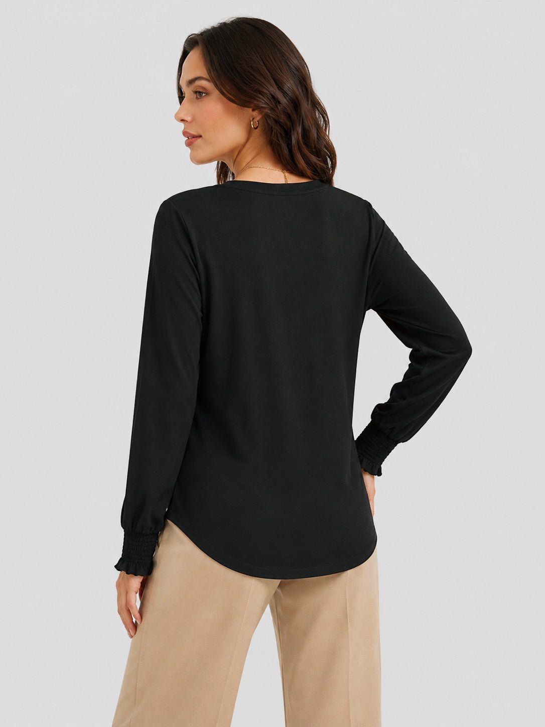 YUCOLEN Women's Lantern Sleeve Pleated Blouse Soft Cotton Rayon Dressy Top in Black