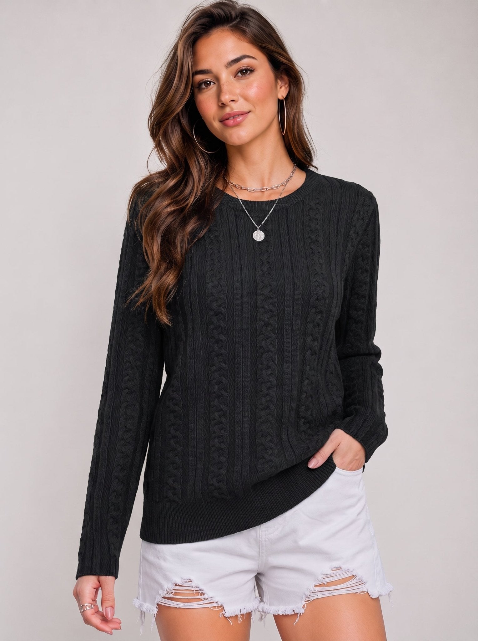 YUCOLEN Women's Lightweight Cable Knit Sweater Soft Crew Neck Fisherman Pullover Top in Black