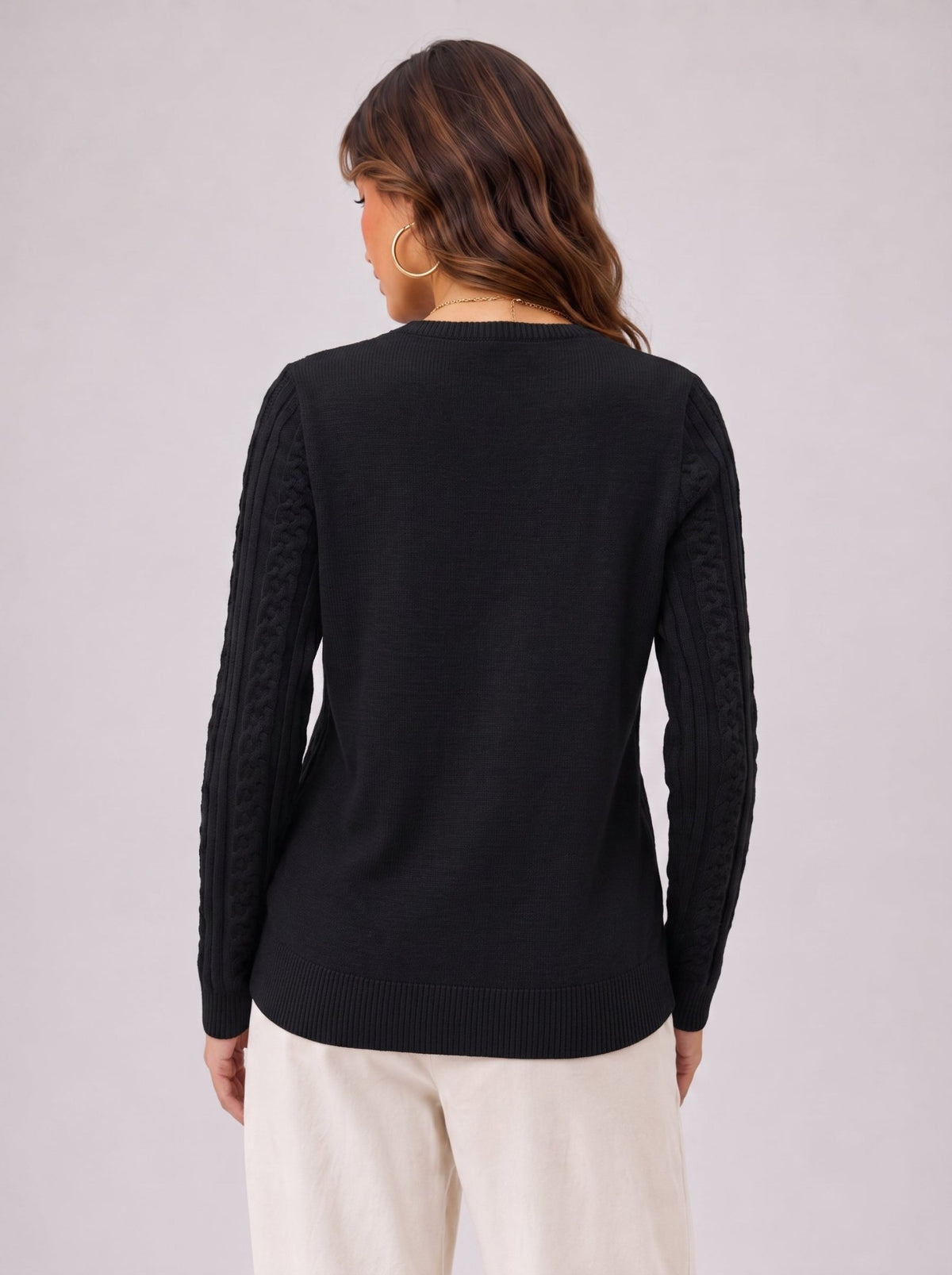 YUCOLEN Women's Lightweight Cable Knit Sweater Soft Crew Neck Fisherman Pullover Top in Black