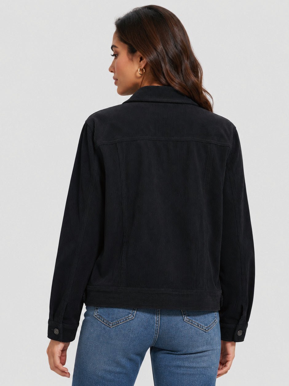 YUCOLEN Women's Lightweight Cropped Corduroy Shacket with 4 Pockets Button Down Casual Jacket in Black