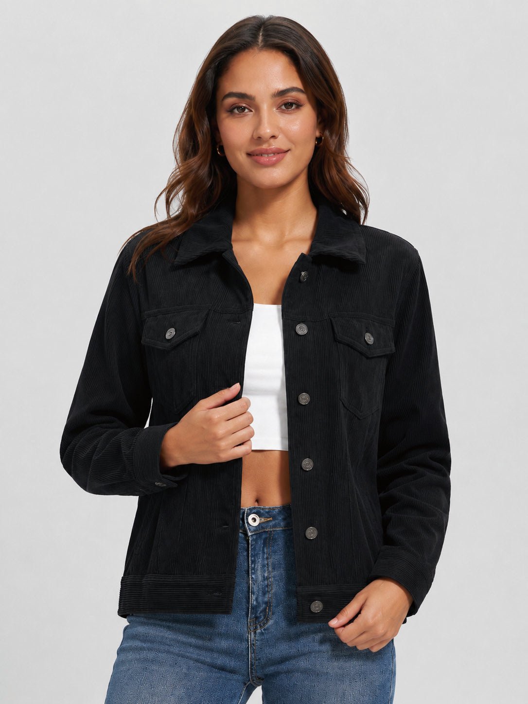 YUCOLEN Women's Lightweight Cropped Corduroy Shacket with 4 Pockets Button Down Casual Jacket in Black