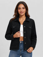 YUCOLEN Women's Lightweight Cropped Corduroy Shacket with 4 Pockets Button Down Casual Jacket in Black