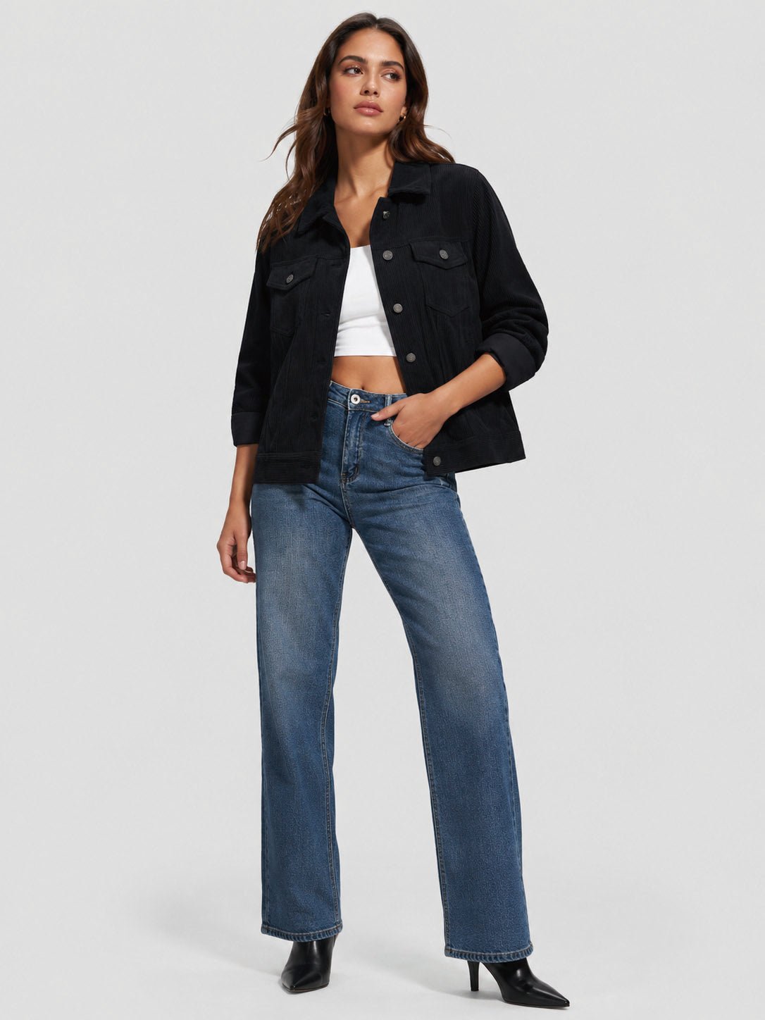 YUCOLEN Women's Lightweight Cropped Corduroy Shacket with 4 Pockets Button Down Casual Jacket in Black