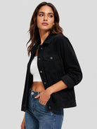 YUCOLEN Women's Lightweight Cropped Corduroy Shacket with 4 Pockets Button Down Casual Jacket in Black