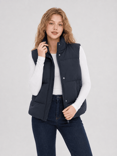 YUCOLEN Women's Lightweight Duck Down Puffer Vest Stand Collar Sleeveless Jacket in Black