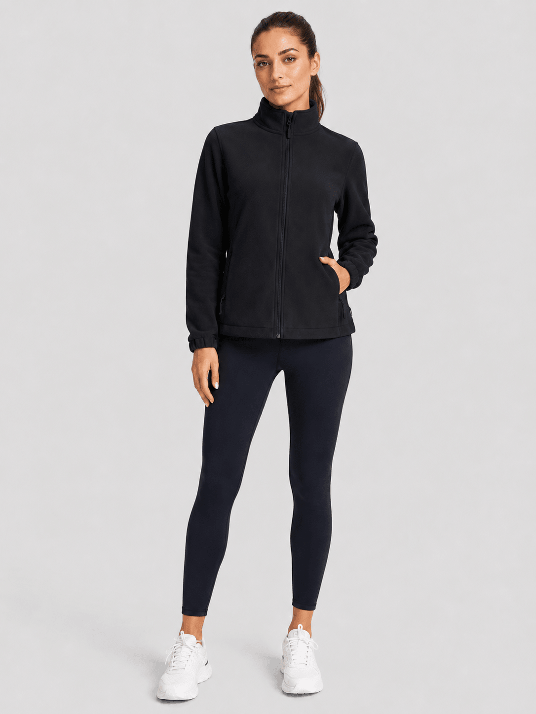 YUCOLEN Women's Lightweight Full Zip Fleece Jacket Windproof Stand Collar Outdoor Sweatshirt in Black