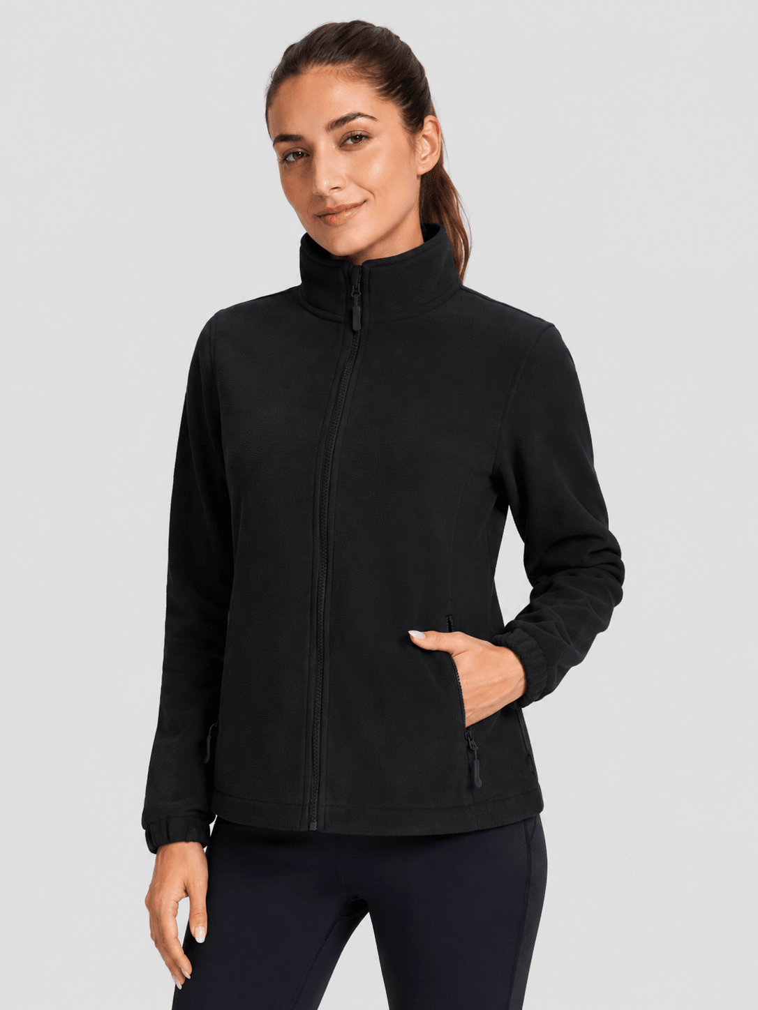 YUCOLEN Women's Lightweight Full Zip Fleece Jacket Windproof Stand Collar Outdoor Sweatshirt in Black